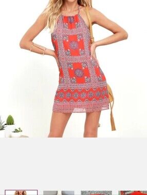 Lulu's Coral Red Medallion Boho  Halter Tie Back Mini Dress Size XS Worn Once